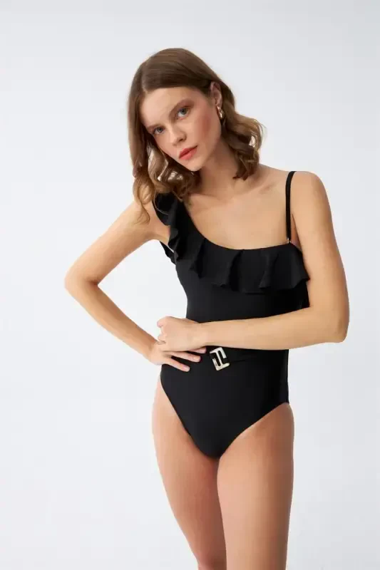 Akbeniz Women One Shoulder Ruffled Swimsuit Black 34025 - 9
