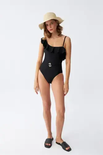 Akbeniz Women One Shoulder Ruffled Swimsuit Black 34025 - 10