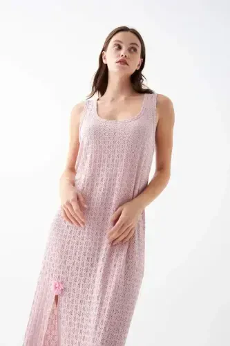 Akbeniz Women Pink Lace Textured Slit Long Nightgown - 3