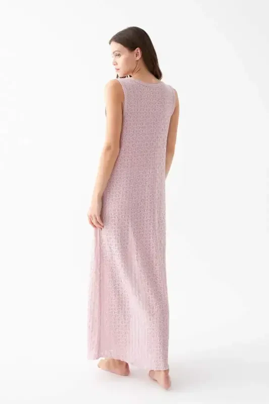 Akbeniz Women Pink Lace Textured Slit Long Nightgown - 4