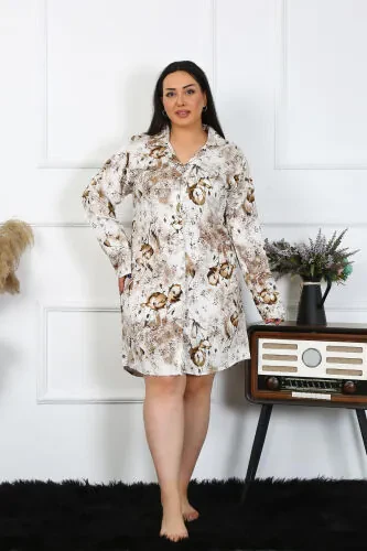 Akbeniz Women Plus Size Cotton Buttoned Long Sleeve Cream Tunic Nightgown 12205 - 1