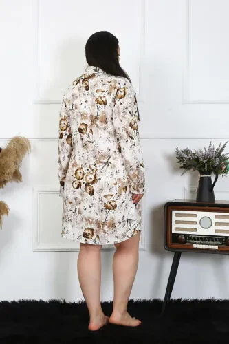 Akbeniz Women Plus Size Cotton Buttoned Long Sleeve Cream Tunic Nightgown 12205 - 4