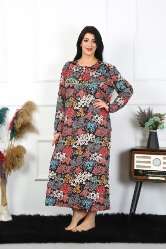 Akbeniz Women Plus Size Long Sleeve Black Mother Nightgown 1365 - 5