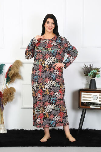 Akbeniz Women Plus Size Long Sleeve Black Mother Nightgown 1365 - 6