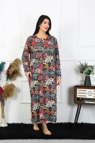 Akbeniz Women Plus Size Long Sleeve Black Mother Nightgown 1365 - Akbeniz