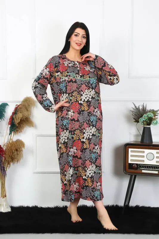 Akbeniz Women Plus Size Long Sleeve Black Mother Nightgown 1365 - 2