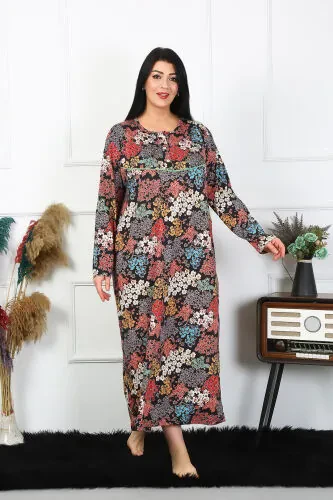 Akbeniz Women Plus Size Long Sleeve Black Mother Nightgown 1365 - 3