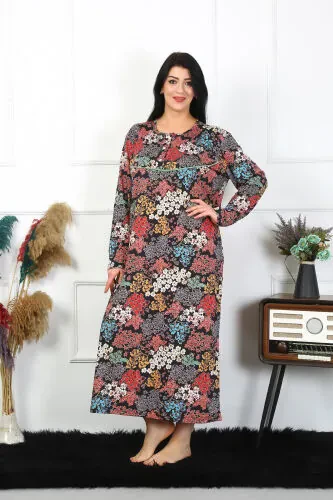 Akbeniz Women Plus Size Long Sleeve Black Mother Nightgown 1365 - 5