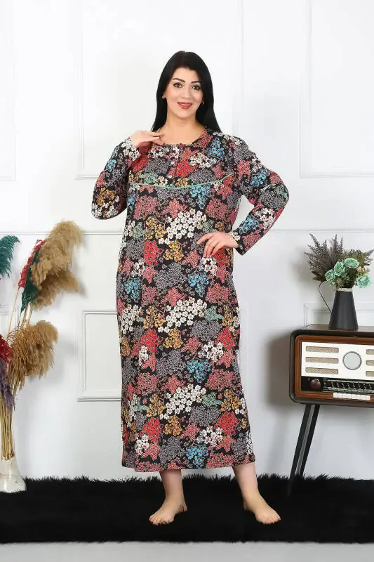 Akbeniz Women Plus Size Long Sleeve Black Mother Nightgown 1365 - 6