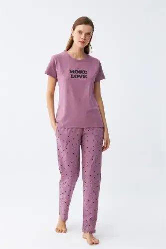 Akbeniz Women Purple Star Patterned Knitted Short Sleeve Pajama Set - 2