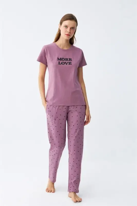 Akbeniz Women Purple Star Patterned Knitted Short Sleeve Pajama Set - 2