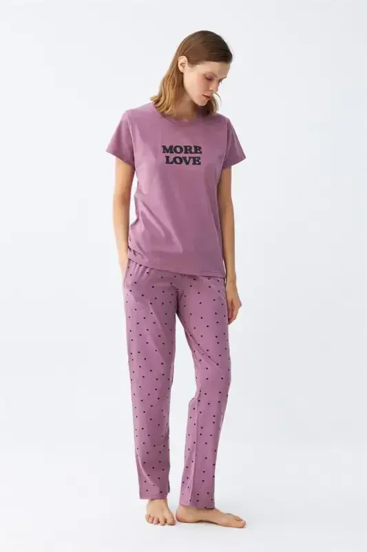 Akbeniz Women Purple Star Patterned Knitted Short Sleeve Pajama Set - 3