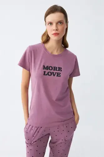 Akbeniz Women Purple Star Patterned Knitted Short Sleeve Pajama Set - 5