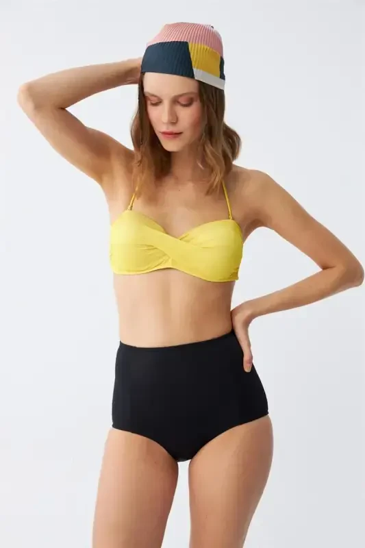 Akbeniz Women Strapless Yellow High Waist Bikini Set - 3