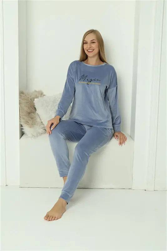 Akbeniz Women Velvet Blue Pajamas Set 20624 - 1