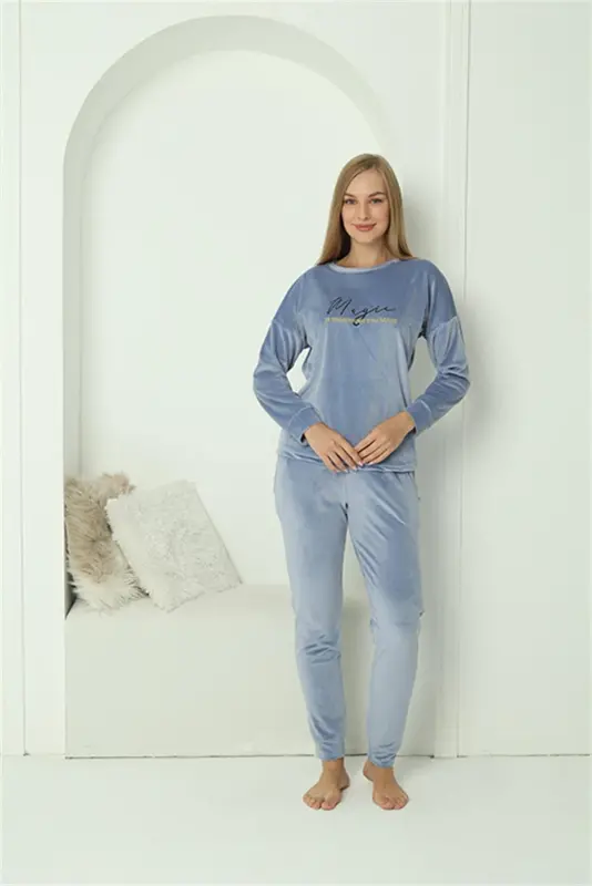 Akbeniz Women Velvet Blue Pajamas Set 20624 - 2
