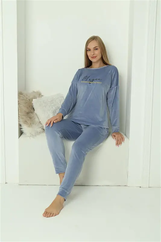 Akbeniz Women Velvet Blue Pajamas Set 20624 - 3