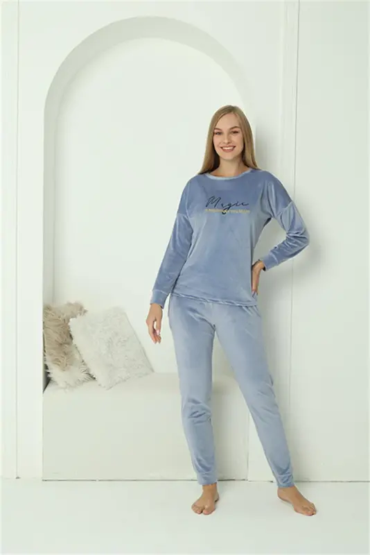 Akbeniz Women Velvet Blue Pajamas Set 20624 - 4