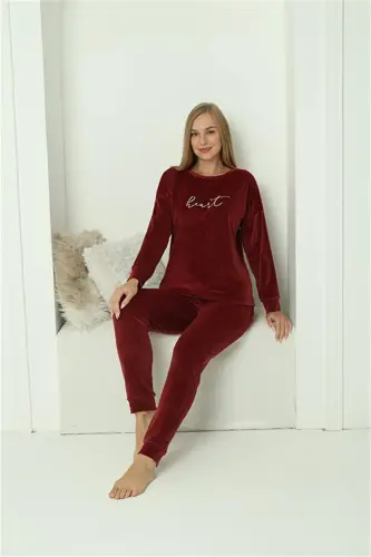 Akbeniz Women Velvet Burgundy Pajama Set 20624 