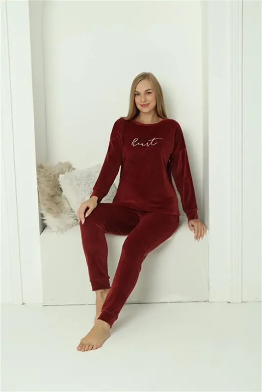 Akbeniz Women Velvet Burgundy Pajama Set 20624 - 1