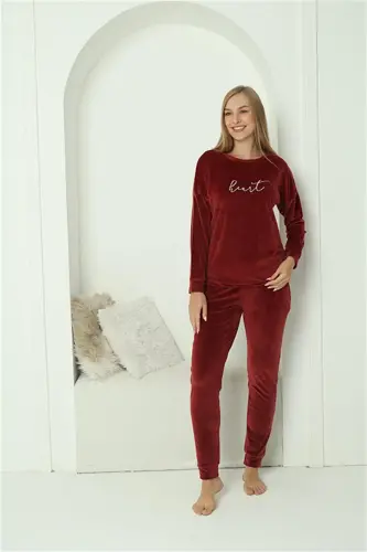 Akbeniz Women Velvet Burgundy Pajama Set 20624 - 2