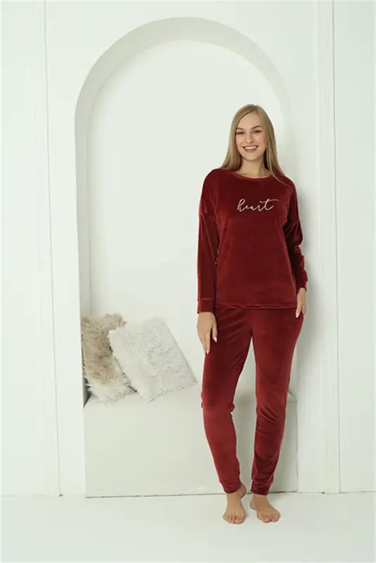 Akbeniz Women Velvet Burgundy Pajama Set 20624 - 3
