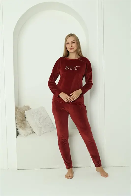 Akbeniz Women Velvet Burgundy Pajama Set 20624 - 4