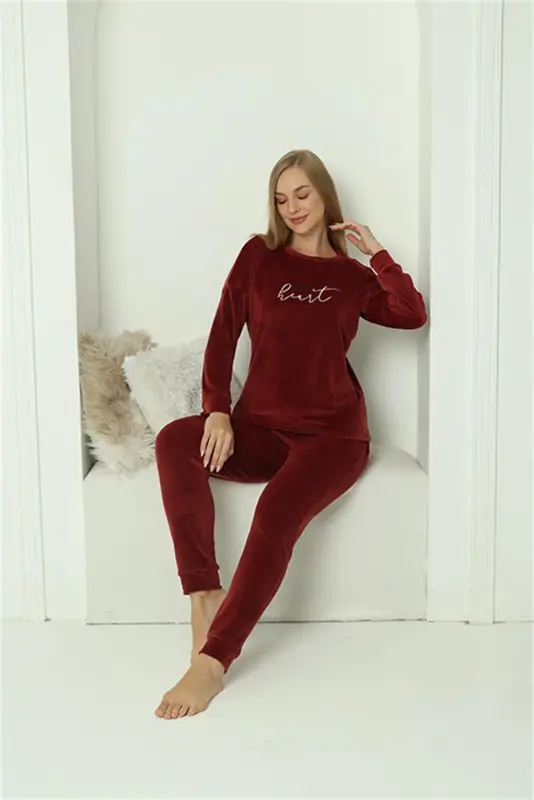 Akbeniz Women Velvet Burgundy Pajama Set 20624 - 5