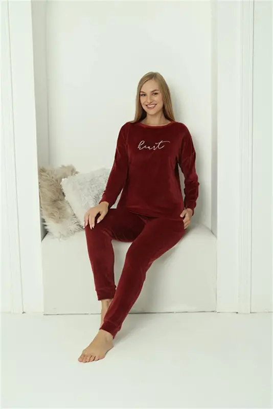 Akbeniz Women Velvet Burgundy Pajama Set 20624 - 6