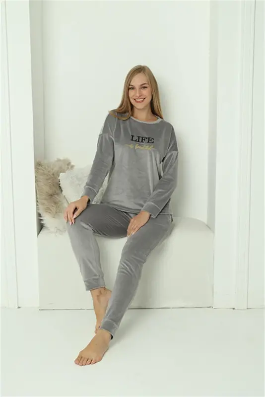 Akbeniz Women Velvet Gray Pajamas Set 20624 - AKBENIZ