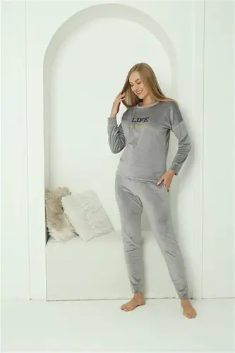 Akbeniz Women Velvet Gray Pajamas Set 20624 - 2