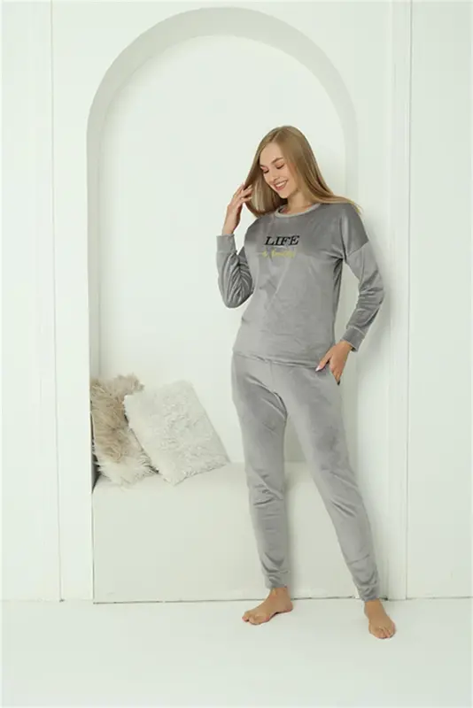 Akbeniz Women Velvet Gray Pajamas Set 20624 - 2