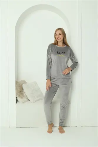 Akbeniz Women Velvet Gray Pajamas Set 20624 - 4