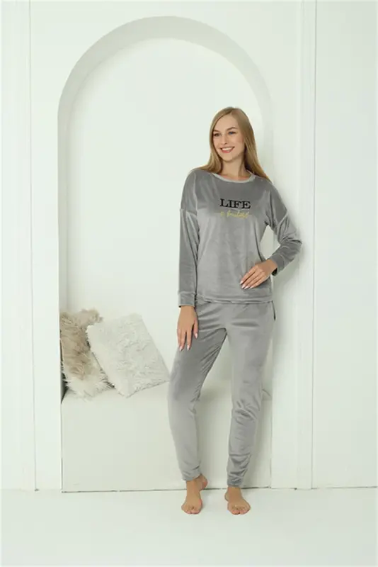 Akbeniz Women Velvet Gray Pajamas Set 20624 - 4