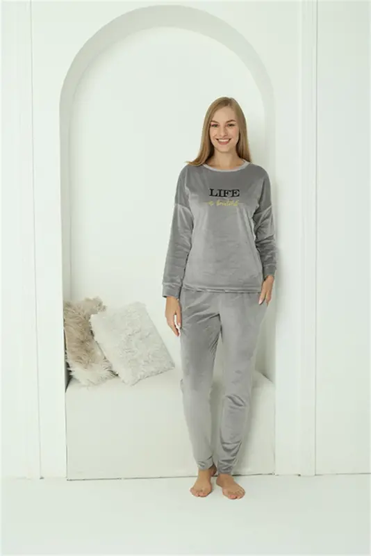 Akbeniz Women Velvet Gray Pajamas Set 20624 - 5