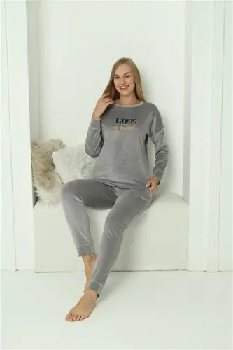 Akbeniz Women Velvet Gray Pajamas Set 20624 - 6