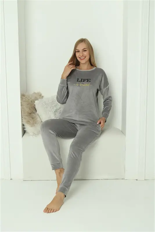 Akbeniz Women Velvet Gray Pajamas Set 20624 - 6