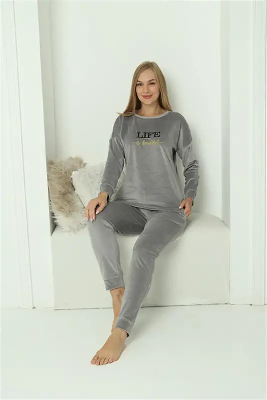 Akbeniz Women Velvet Gray Pajamas Set 20624 - 7