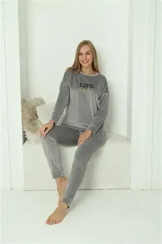 Akbeniz Women Velvet Gray Pajamas Set 20624 - 1