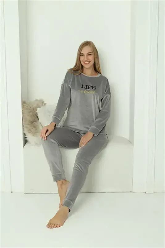 Akbeniz Women Velvet Gray Pajamas Set 20624 - 1
