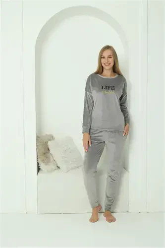 Akbeniz Women Velvet Gray Pajamas Set 20624 - 3