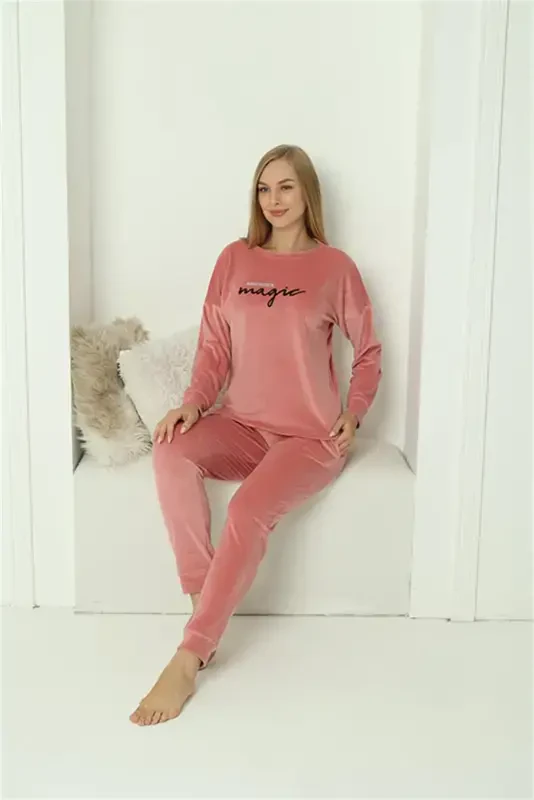 Akbeniz Women Velvet Pink Pajamas Set 20624 - AKBENIZ
