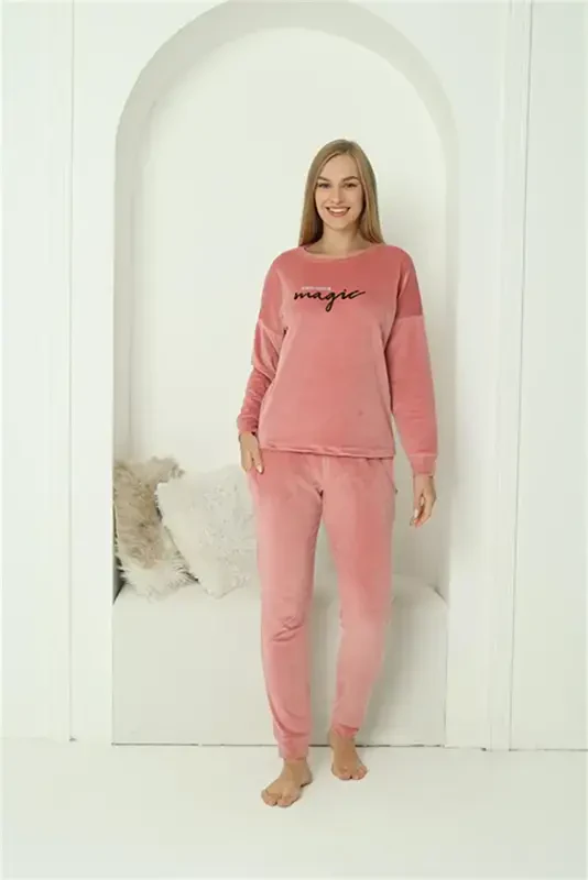Akbeniz Women Velvet Pink Pajamas Set 20624 - 4