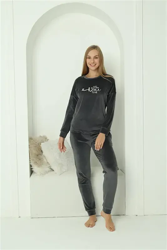 Akbeniz Women Velvet Smokey Pajamas Set 20624 - AKBENIZ