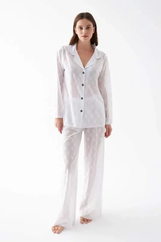 Akbeniz Women White Transparent Jacquard Buttoned Pajama Set - 2