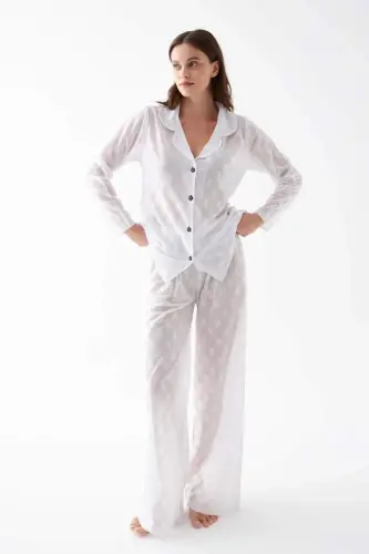 Akbeniz Women White Transparent Jacquard Buttoned Pajama Set - 3