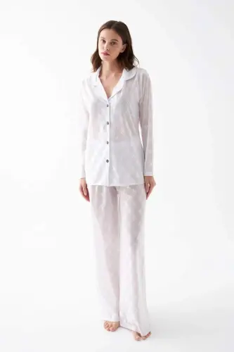 Akbeniz Women White Transparent Jacquard Buttoned Pajama Set - 5