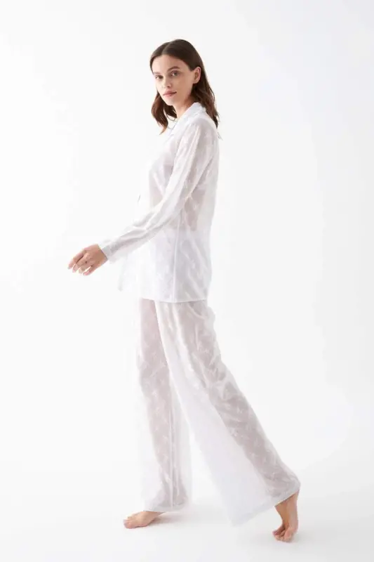 Akbeniz Women White Transparent Jacquard Buttoned Pajama Set - 6