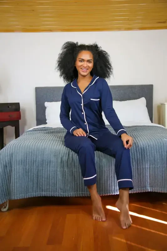 Akbeniz Women's 100% Cotton Jersey Button-Front Long Sleeve Pajama Set 2713 - 2