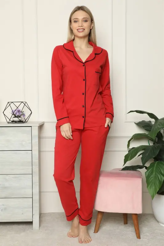 Akbeniz Women's 100% Cotton Jersey Front Buttoned Long Sleeve Pajama Set 2714 - 5